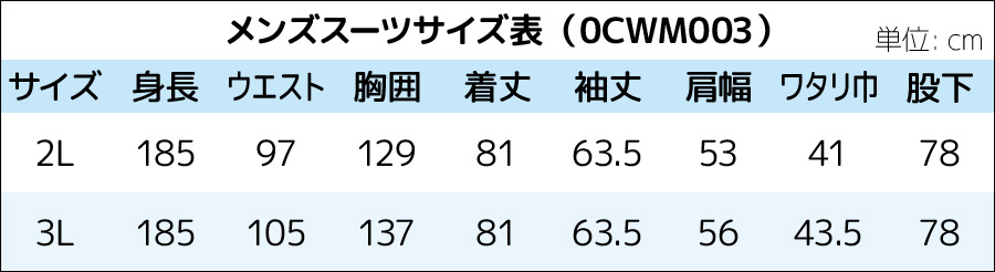メンズスーツレンタル 比翼仕立シングル3ツ釦 サイズ表