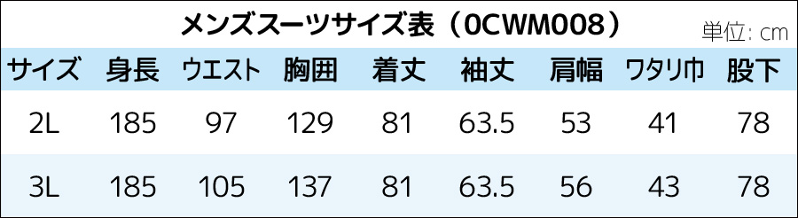 メンズスーツレンタル シングル3ツ釦 サイズ表