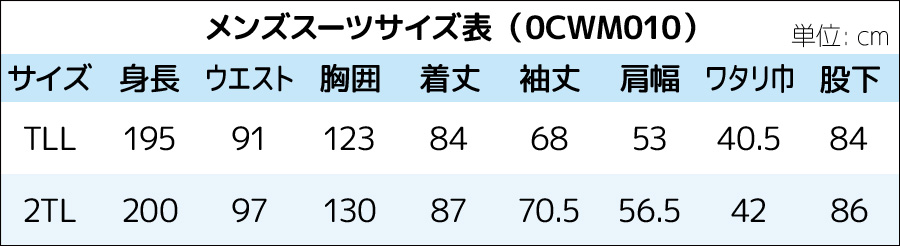 メンズスーツレンタル 比翼仕立シングル3ツ釦 サイズ表