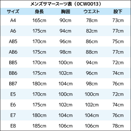 メンズスーツ サックスブルー無地|シングルサイズ表