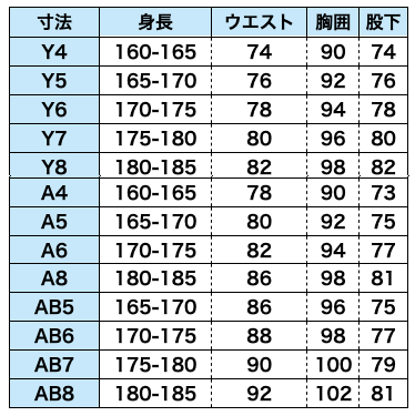 広島店頭即日受取紳士礼服サイズ表