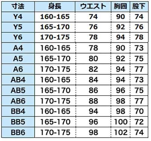 大阪当日受取紳士夏用礼服サイズ表