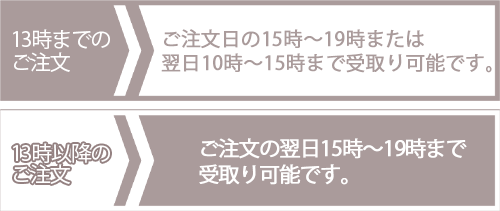 13時までのご注文で19時までお受取り可能！13時以降のご注文でも翌日10時からお受取りいただけます！