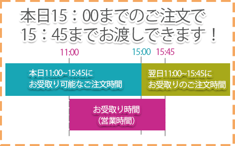 15時までのご注文で当日15：45まで受取り可能